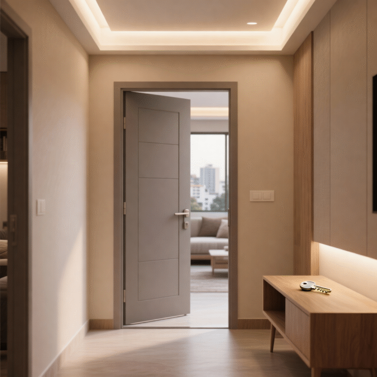 2 BHK apartment in Wakad Pune showing private home entrance with warm interior lighting and modern design